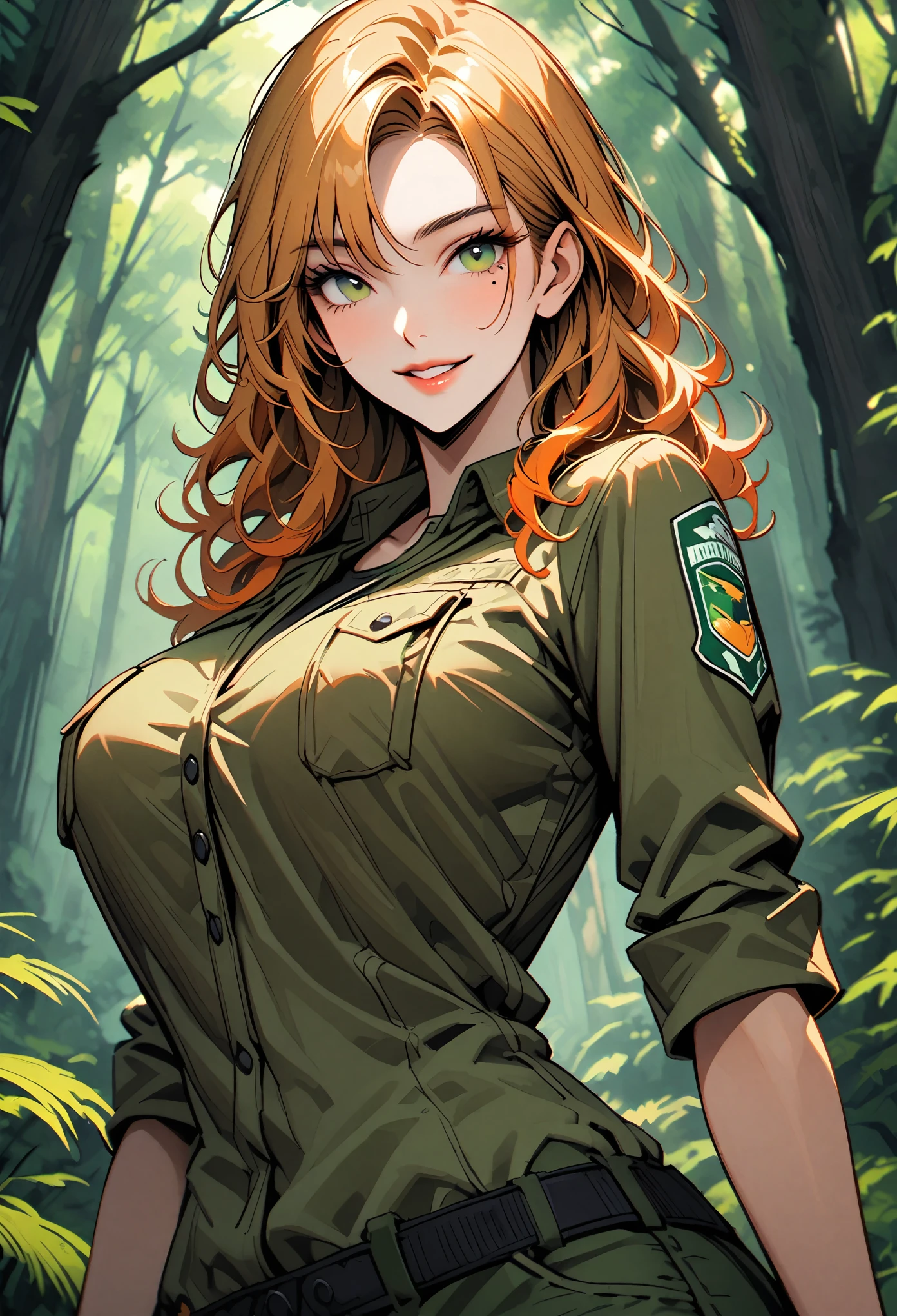 (best quality, masterpiece1.2), (detailed eye:1.2), intricate detail, depth of field, 1girl, jungle, crop top, angry, sweat, red hair, exploration, embarrassed, backpack,
