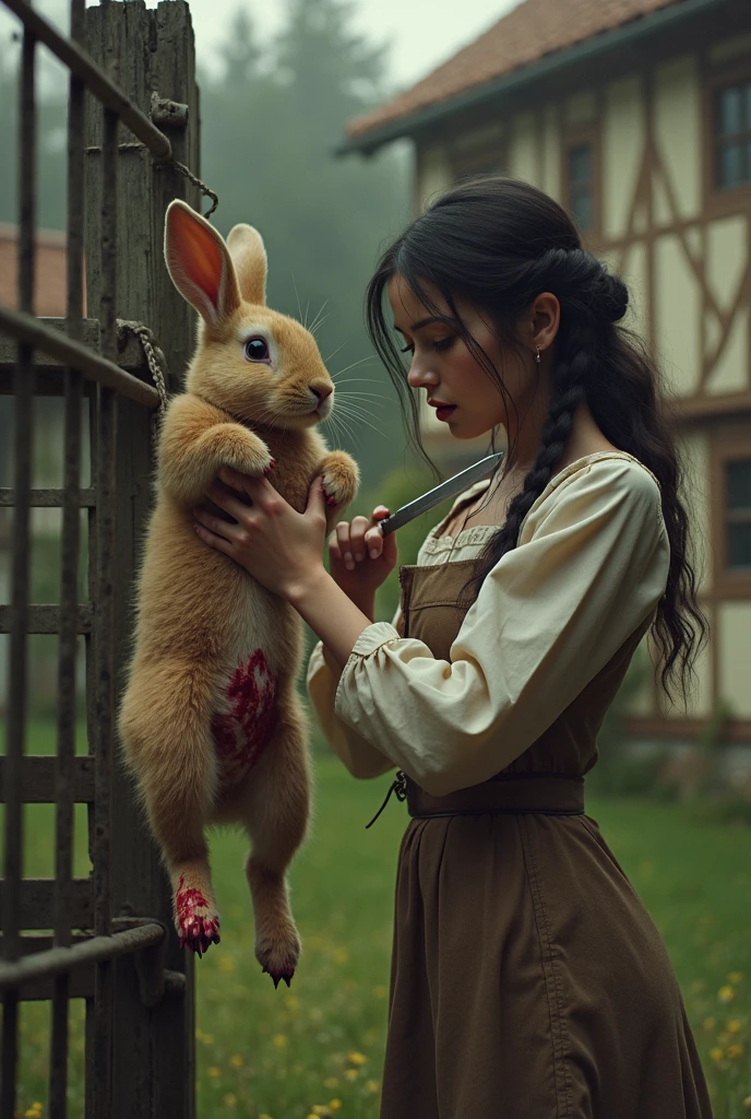 A young beautiful lady cuts up a rabbit with a sharp knife near a beautiful village house. The rabbit is hung by its hind legs from a two-meter-high metal fence. There are blood stains on the rabbit's neck.