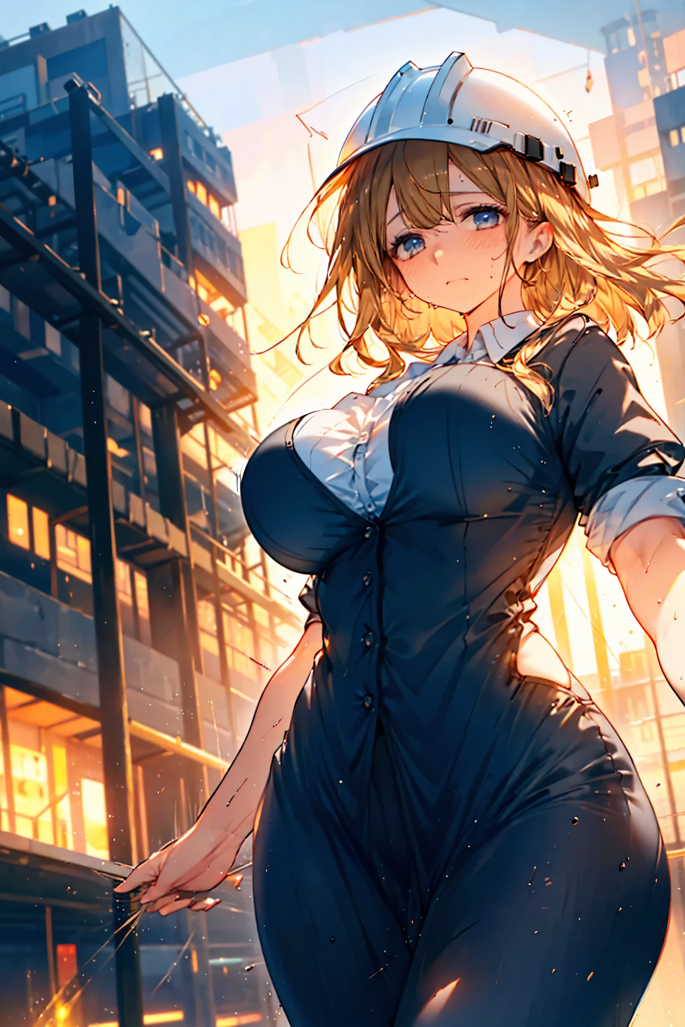 a woman wearing a business suit, hard hat, large breasts, holding construction　blueprints, sweating, anxious expression, bouncing breasts, construction site, modern rounded building design, detailed architecture, photorealistic, 8k, hyper detailed, cinematic lighting, dramatic colors, moody atmosphere