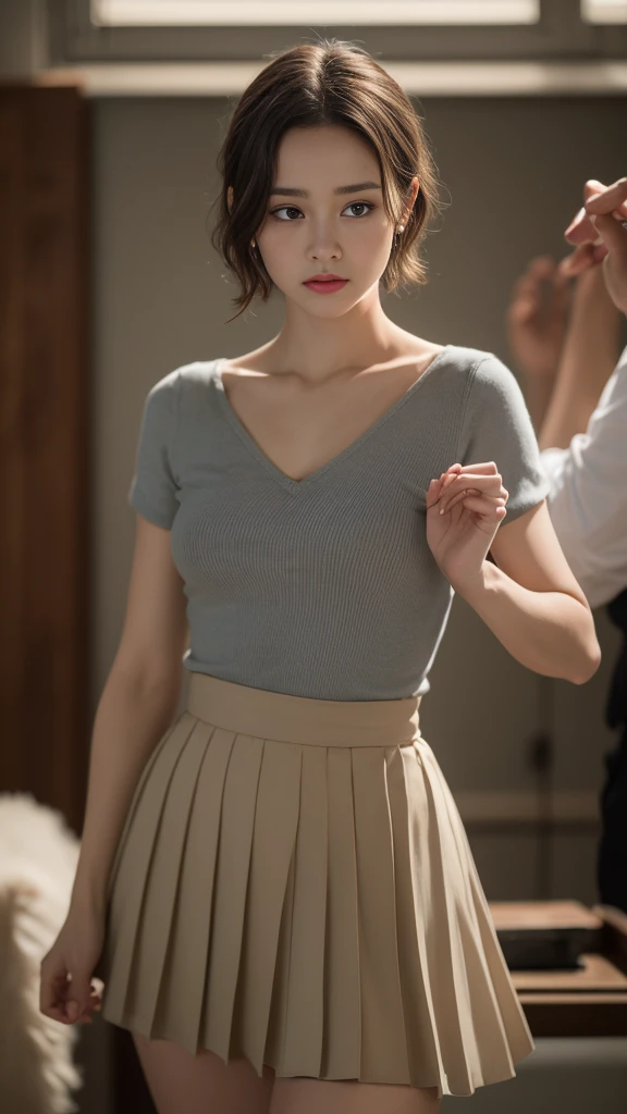 1 girl, downblouse, 15 years old, munechira,(((small breasts))), looking away,leaning forward,bending over, , birds-eye view shot , Upper body, necklace ,in at wedding reception,long sleeves dress,plus decolated detailed  bra within,long skirt, short hair 
