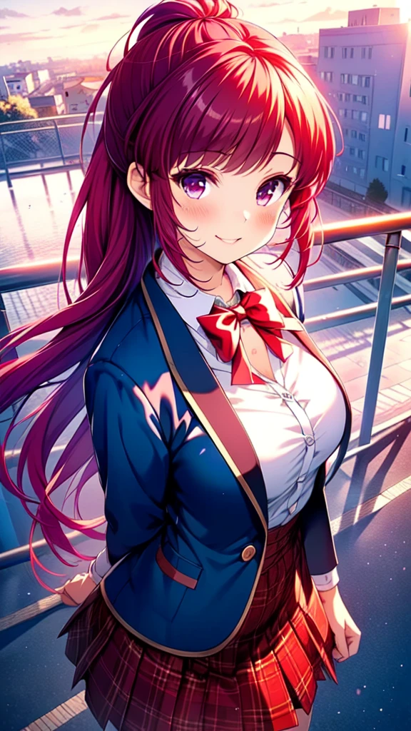 ASAMIKE, (masterpiece, Best Quality, beautifully、Midea:1.3), One girl, alone, College years, (Hourglass body shape:1.1),  (Cute Smile:1.1), (Silvery medium-violet-red hair with reddish magenta streaks:1.4), (Gradient medium-violet-red hair tip:1.6), hair, Ridiculously long hair, Wavy Hair, Shiny hair, Floating hair, (Deep Red eyes), Delicate eyes, Red eyes, Very beautiful eyes, Long upper eyelashes, Compensate, Focus on the face, Very detailed facial, Beautiful face, Perfect breasts, Hot body, (Delicate skin texture:1.2), Blue jacket, blazer, Red bow tie, White shirt, Red Skirt, Checked skirt, , (Receive a confession on the school rooftop with the sunset and fence behind you。I came closest to that smile.:1.1), Very detailed, gravure, nsfw, (Cinematic Angle:1.1),