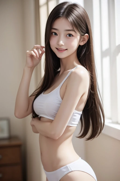 (Small breasts)、((skinny, Teen model with swallowing problems)), masterpiece, ((Weak and fragile body)), Malnutrition and emaciation, skinny body, A thin and emaciated body, smile,