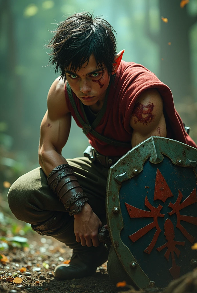 High Fantasy、Vivid depiction、live-action、Upper body only、Link、Crying face、Bursting with sweat、Tattered and torn clothes