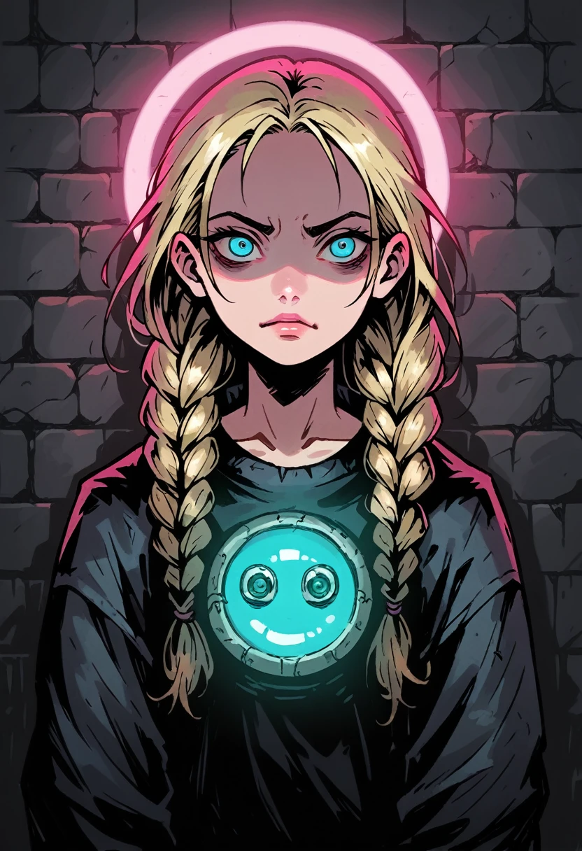 Medium close-up of blonde girl, box braids hairstyle. 20 years old. Detailed blue-grey eyes. Disturbed face expression, looking directly at the viewer, with a finely detailed, ultra-clear face. Oversized white woolen longsleeve, highly detailed, with thick outlines and dramatic light, inspired by Chris Bourassa. pink neon disk behind. The background features a weathered brick wall with pink neon light, creating dark, atmospheric scene. Highly detailed, inspired by Chris Bourassa's. Dramatic light, pink neon lamp lights. Somber character design with thick outlines. pink neon disk behind
