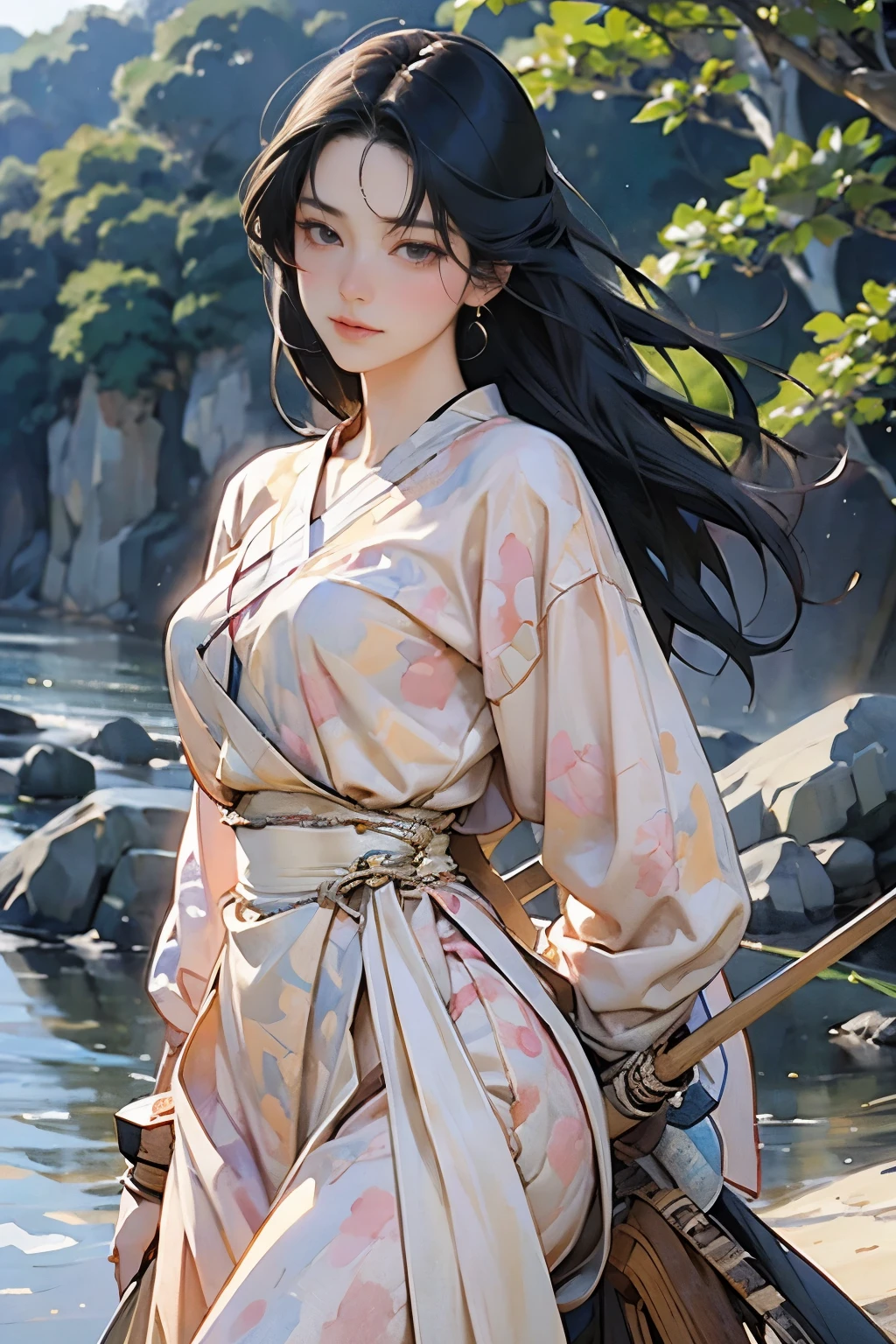 (Highest quality、High resolution、masterpiece)、(Anime Art 4k)、(Realistic)、Horseback archery、Portraiture、 (whole body)、(1 person)、20-year-old woman、Beautiful Face、 (Facial details)、Black Hair、 short hair、 Beautiful Hair、Skin Texture、Slim figure、Cinema Lighting、Ray Tracing、Soft Light、Landscape painted on a foggy morning、Outdoor、Nice views、Seaside、(Sargent-style watercolor)、(Edmund Leighton Style)、long hair