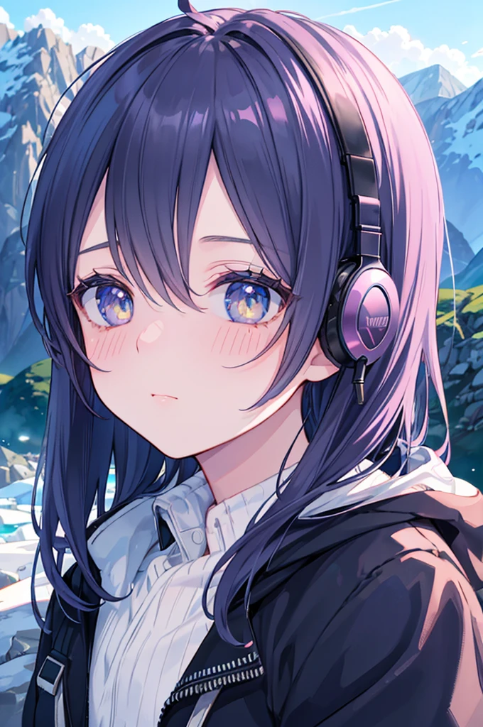 A manga boy listening to lofi music in a vibrant, hyperrealistic landscape with a magnificent mountain backdrop, detailed facial features, beautiful detailed eyes, beautiful detailed lips, extremely detailed face, long eyelashes, 1 boy, lofi music, headphones, mountain landscape, vibrant colors, photorealistic, 8k, highly detailed, masterpiece, cinematic lighting, concept art