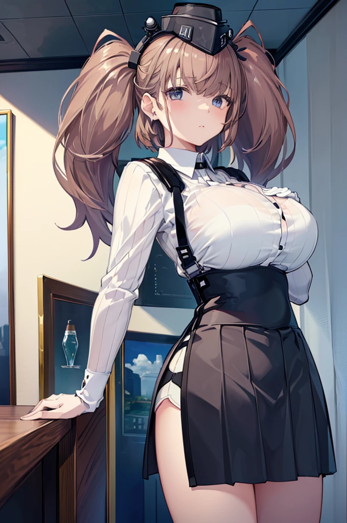 ((masterpiece)),((Best Quality)), One Woman, Alone, atlanta \(kancolle\), Bust Shot, from the front, Standing, View your viewers, Detailed Eyes, White business shirt, black high waist skirt, suspenders, Rubber gloves, Star-shaped earrings, hat, Brown Hair, Twin tails, ((((Very large breasts)))), Very big ass