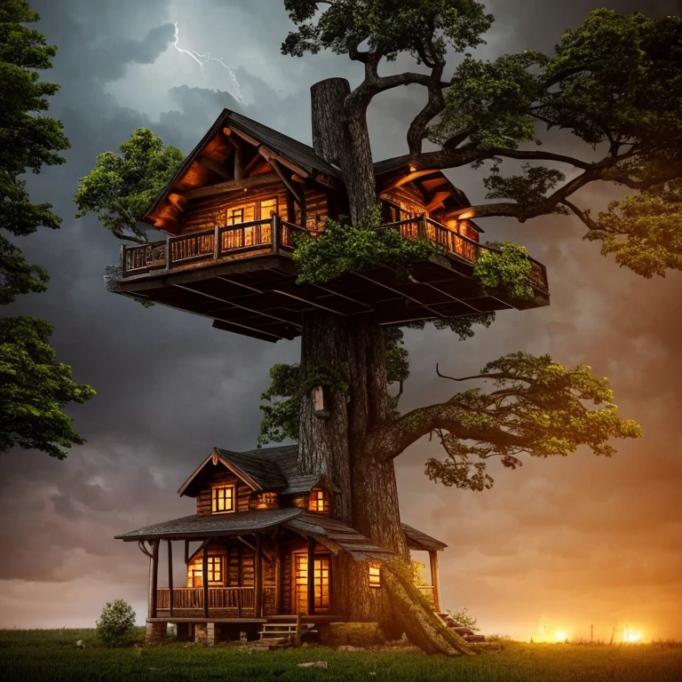 a rustic house in the middle of a strong storm at night in a forest, tree house, cozy, fireplace, night atmosphere, ((tree house)), (raining), windstorm, trees swaying in the wind