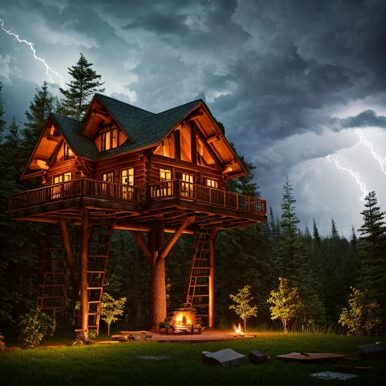 a rustic house in the middle of a strong storm at night in a forest, tree house, cozy, fireplace, night atmosphere, ((tree house)), (raining), windstorm, trees swaying in the wind