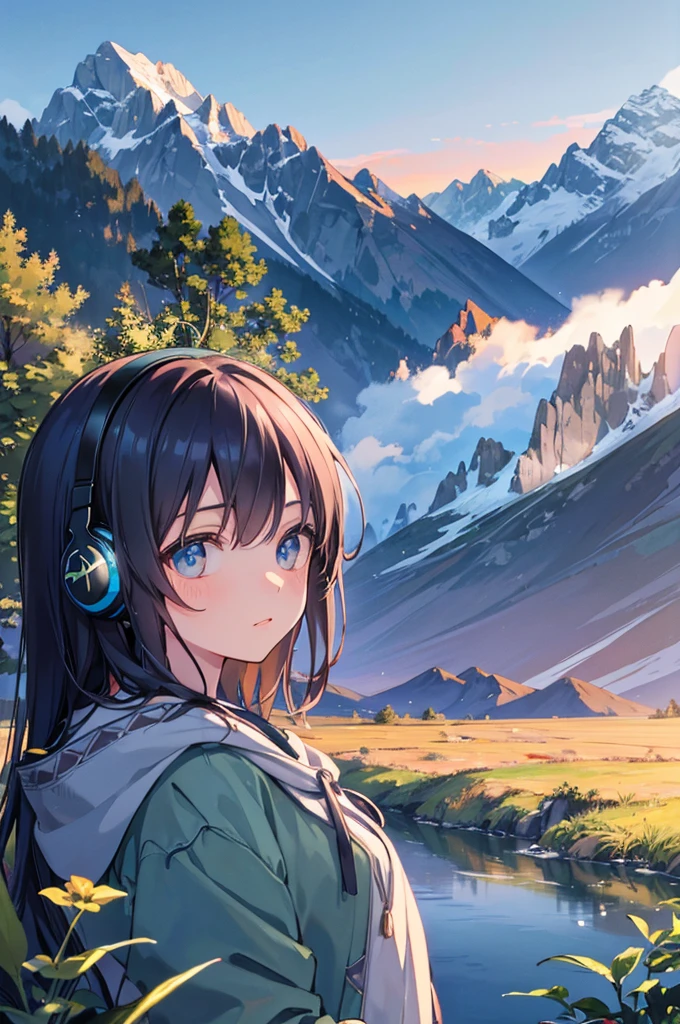 Illustration, styled by Makoto Shinkai, a beautiful anime-style forest landscape, detailed 8K wallpaper for mobile, detailed and vibrant colors, dramatic lighting, serene and peaceful atmosphere, intricate foliage, stunning sky with clouds, detailed rock formations, flowing water, detailed animals like birds and deer, detailed anime-style characters interacting with nature, lofi music in a vibrant, hyperrealistic landscape with a magnificent mountain backdrop, detailed facial features, beautiful detailed eyes, beautiful detailed lips, extremely detailed face, long eyelashes, 1 boy, lofi music, headphones, mountain landscape, vibrant colors, photorealistic, 8k, highly detailed, masterpiece, cinematic lighting, concept art