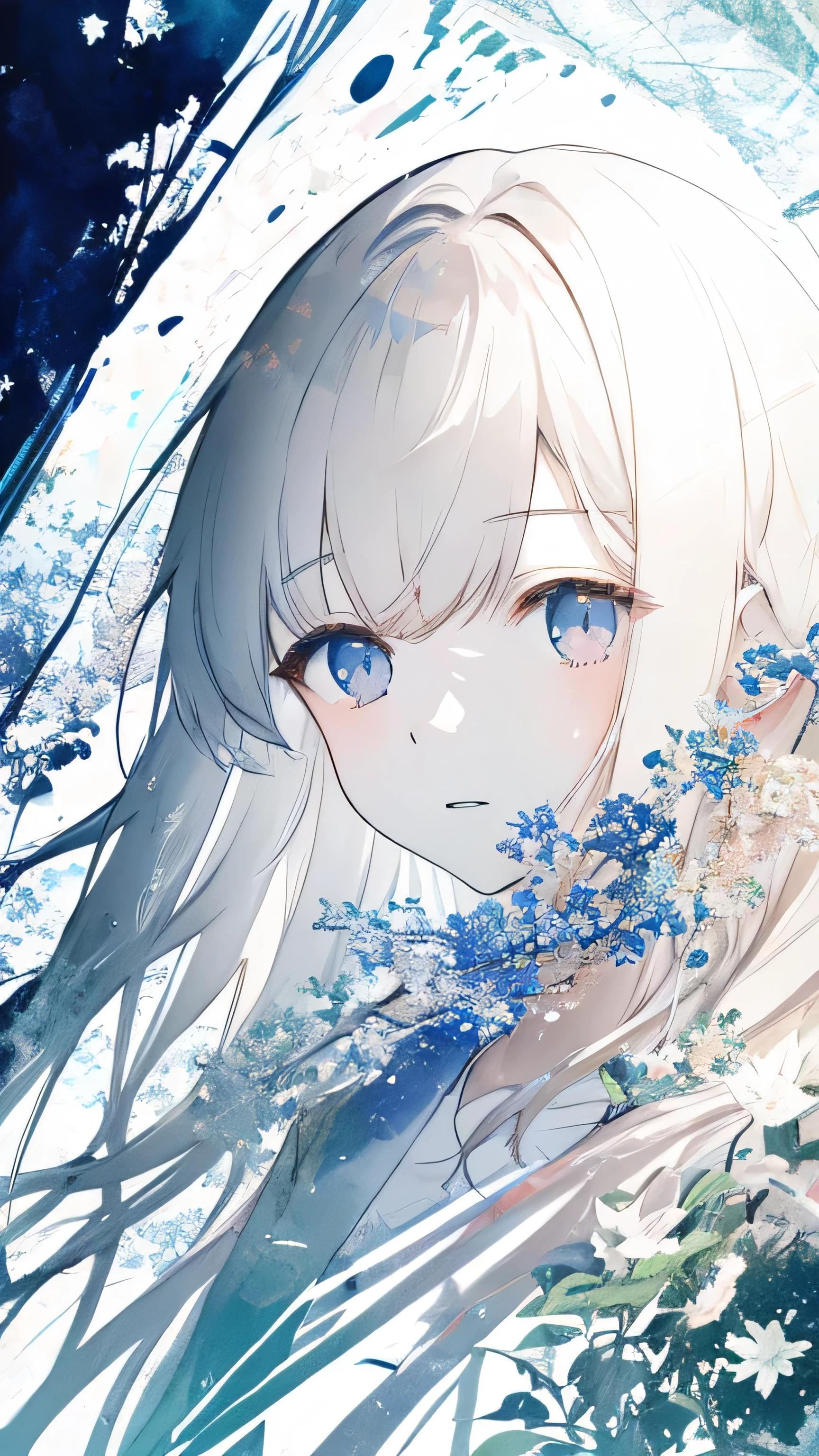 Anime girl with long white hair and blue eyes in a field - SeaArt AI