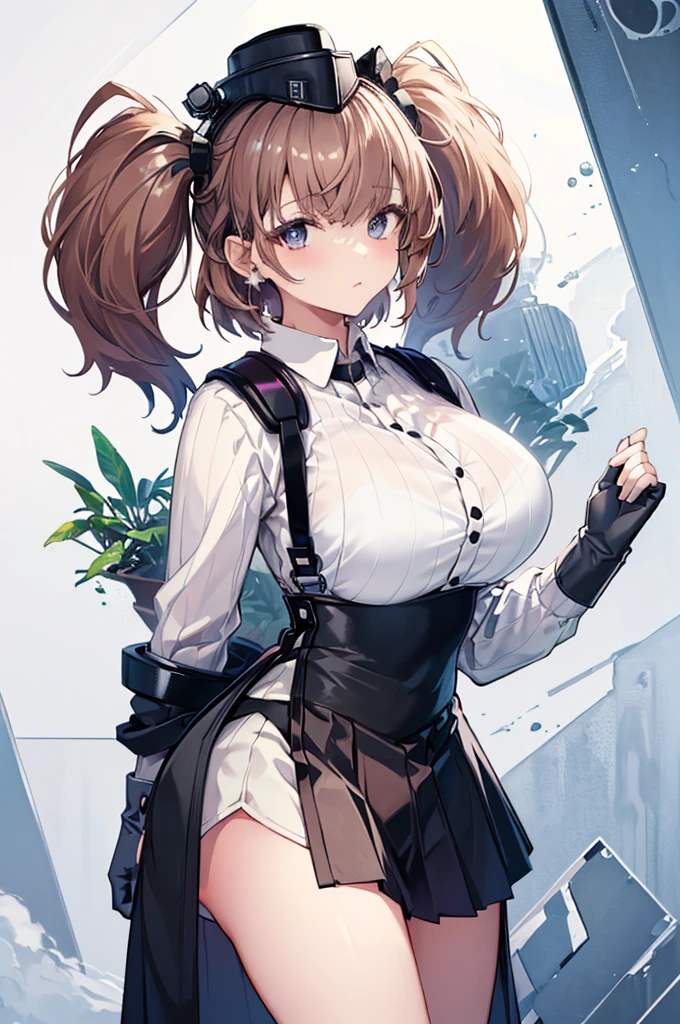 ((masterpiece)),((Best Quality)), One Woman, Alone, atlanta \(kancolle\), Bust Shot, from the front, Standing, View your viewers, Detailed Eyes, White business shirt, black high waist skirt, suspenders, Rubber gloves, Star-shaped earrings, hat, Brown Hair, Twin tails, ((((Very large breasts)))), (Very big ass)