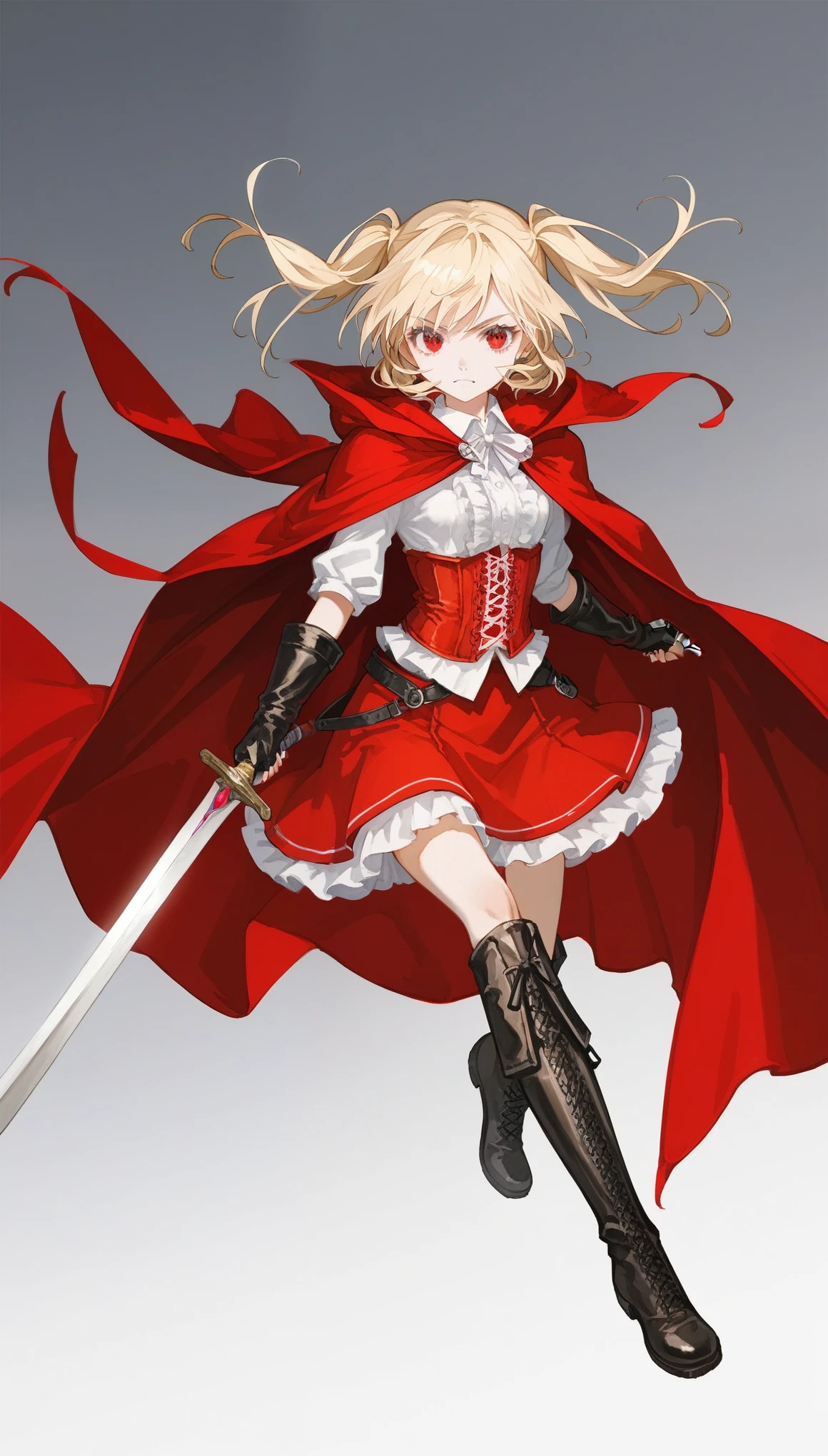 1girl, solo, full body, white shirts, red long cape cloak, red corset, frills red skirt, black fingerless gloves, knee boots, blonde, two side up, red eye,
Sword carried diagonally, Anime Girls, dutch angle, acrobatic pose, Gloomy painting style, holding a sword,
Score_9,Score_8,score_7_up,source_anime, rating_questionable,