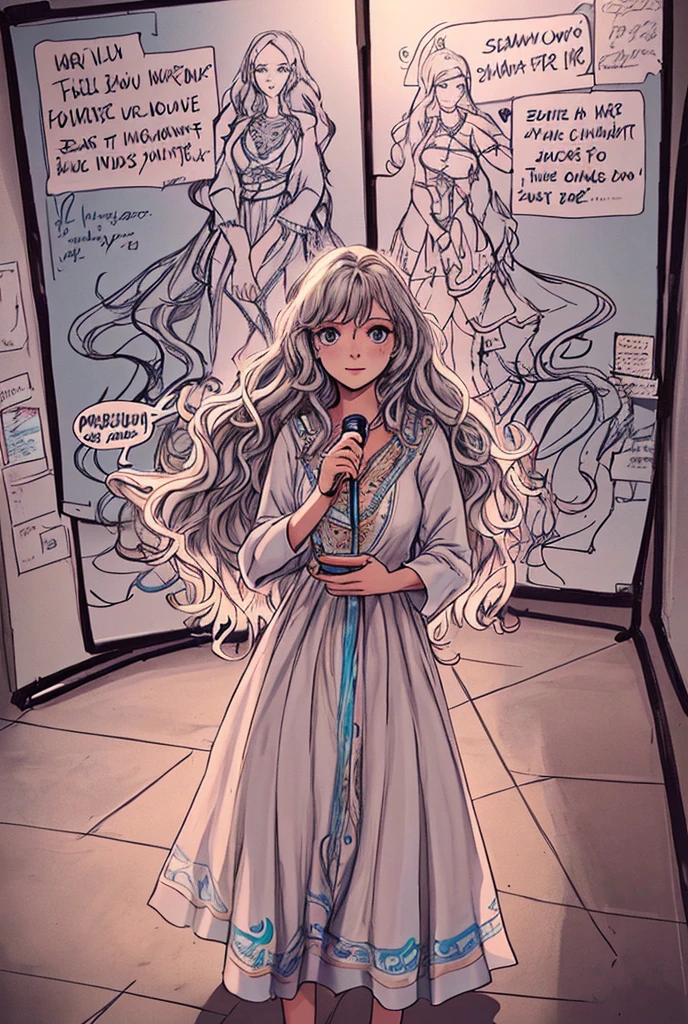 Beautiful girl with wavy long hair，Wearing a bohemian dress，Holding a whiteboard with the words &quot;I Love SeaArt Infinity&quot;，and show the audience