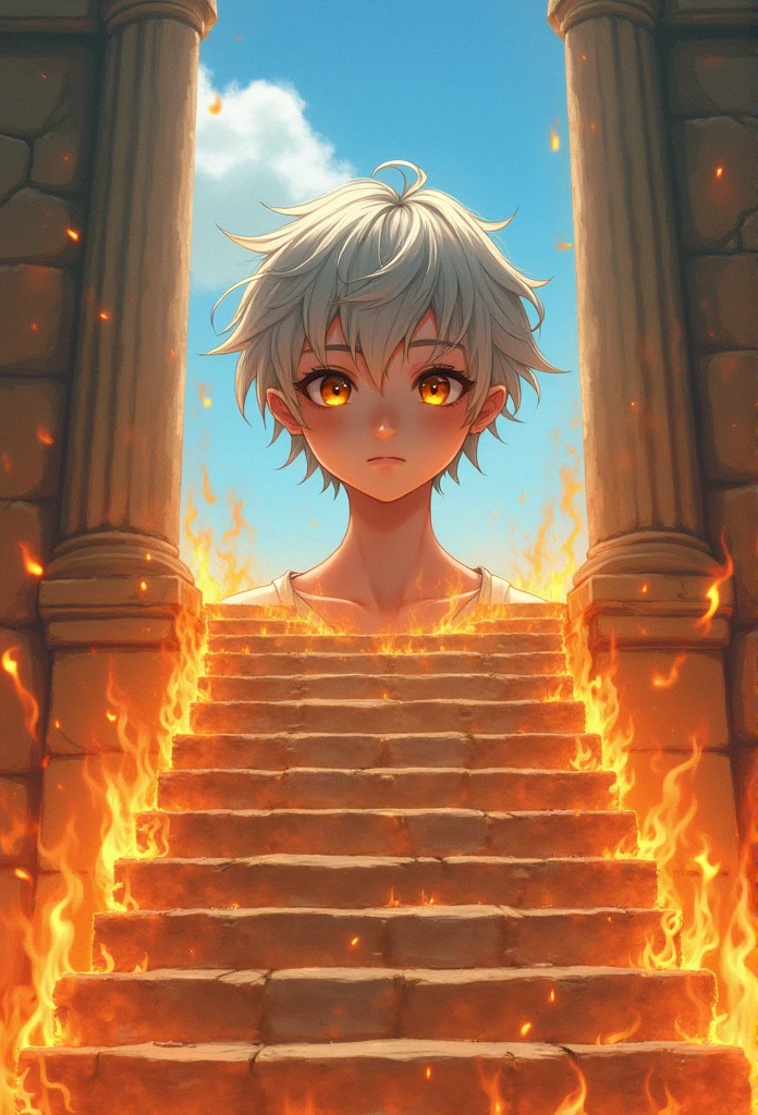 high detal, clear, 8 gm, Throne of Fire, Young person, 18yr old, Light gray hair, short detailed hair, Yellow eyes, There is a blue sky behind, Fiery stairs leading to the sky,To the throne, hentail realism, fanciful,