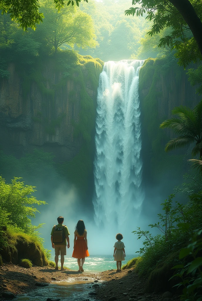 The waterfall conveys the natural fantasy landscape of the four adventurers Fairy Green, the golden ratio, Animation details, Exquisite, QuixelMegascans Trends, Perfect image, Ultra-high resolution, Perfectcomposition, Detailed, Super color, (highdetailskin: 1.2), 8k ultra high definition, SLR camera, gentlesoftlighting, high qulity, filmgrain, FUJI XT3