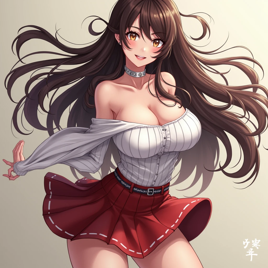 tmasterpiece, , 1个Giant Breast Girl, Dark brown hair, Bare shoulders, long whitr hair, a skirt, cowboy lens, dynamicposes, dynamic angle,