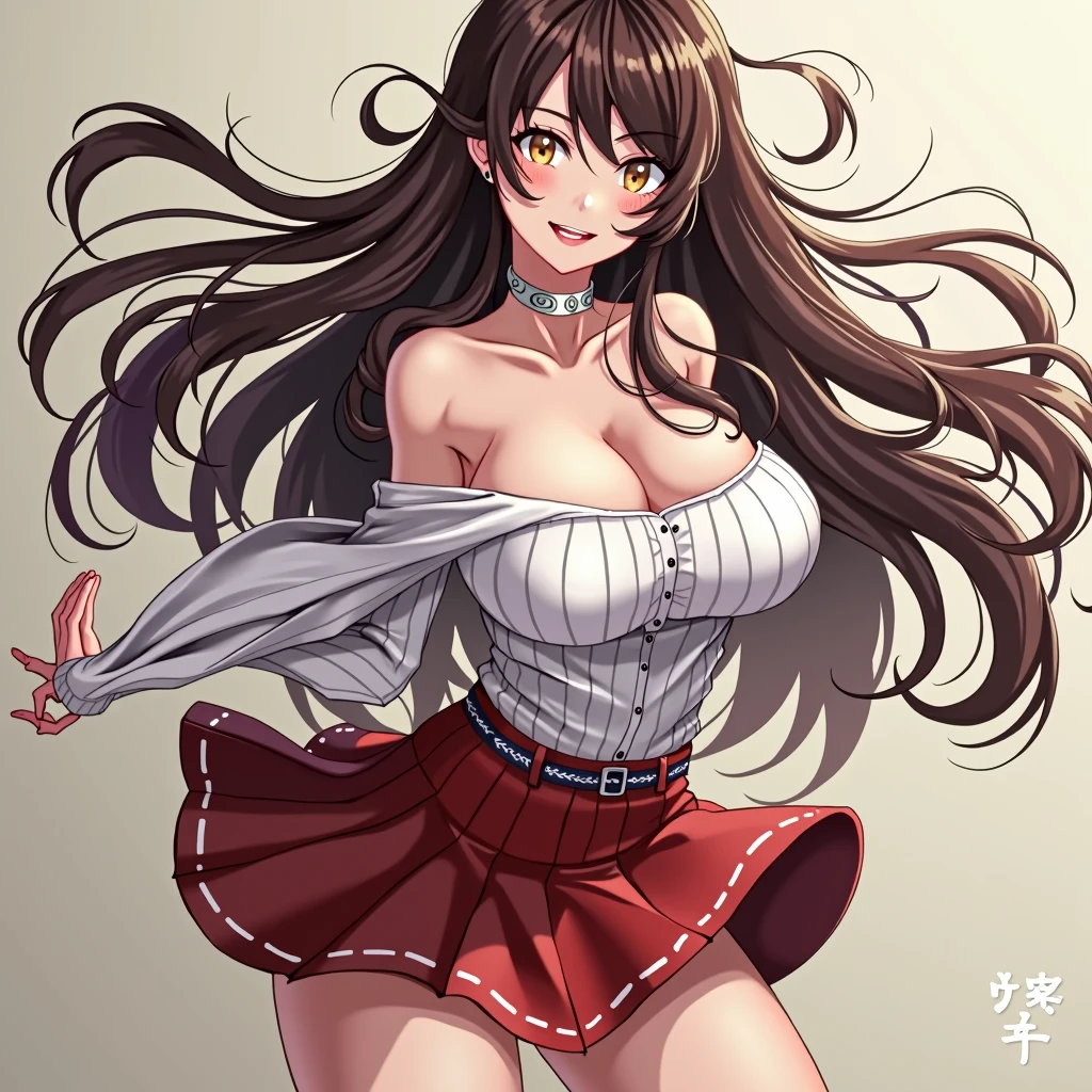 tmasterpiece, , 1个Giant Breast Girl, Dark brown hair, Bare shoulders, long whitr hair, a skirt, cowboy lens, dynamicposes, dynamic angle,