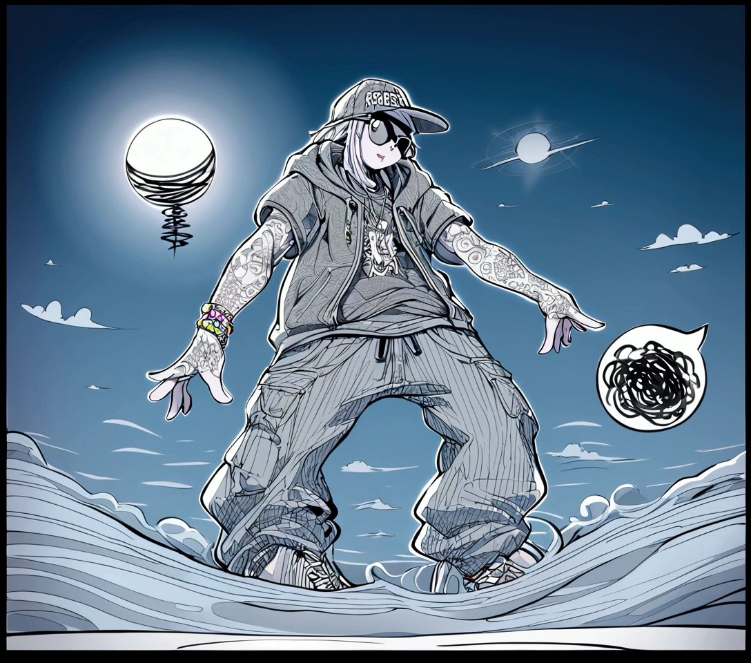 Full color drawing of Jamaica Hip hop, Hip hop, Hip hop, Hip hop, baggy jeans, rapping (((scribble art) (author:Karen Griffiths))), On the sea background, insanely details, Complicated details, hyper-detailing , low-contrast, softlighting, exposure blend, Human Development Report, frontage