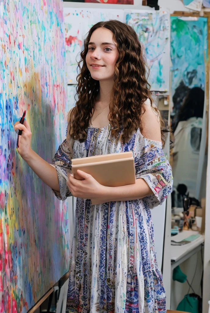 Beautiful girl with wavy long hair,Wearing a bohemian dress,Holding a whiteboard with the words "I Love SeaArt Infinity",and show the audience
