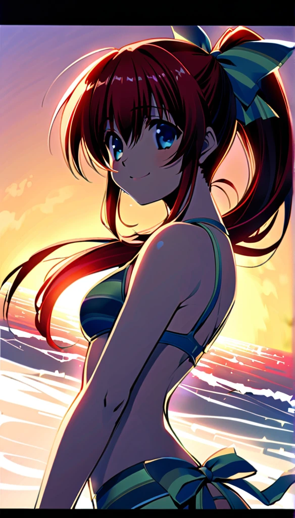 Takase Mizuki, One person, alone, blue eyes, Redhead, Long Hair, yellow bow, bow, ponytail, hair bow, smile, (Striped-bikini:1.1), (She walked along the beach in the sunset, her bare feet touching the water, the closest she came to seeing that smile), (cinematic angle:1.1)