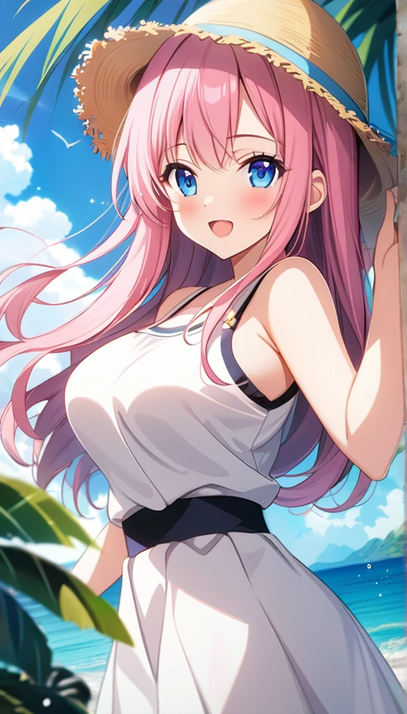 (masterpiece, Highest_quality), Familiar with CG Unity 8K Wallpaper, wonderful_OK_shape, Break 1 Girl, Long pink hair with straw hat, Large Breasts, (Gorgeous expression), blue eyes, Anime Style 4k, Beautiful anime portraits, Anime Moe art style, anime art wallpaper 4k, High quality anime art style, Anime style portrait, Familiar with digital animation art, Anime Art Wallpaper 8K, Cute Anime Girl Portrait, Hawaii Background, Blue Sea, Palm trees, sunlight, whole body, Breaking Depth of Field, Perfect hands, nice refer tos, 5_refer to, 4_refer to,1_親refer to,