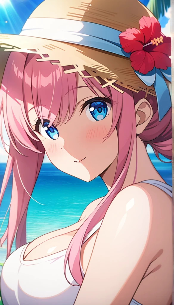 (masterpiece, Highest_quality), Familiar with CG Unity 8K Wallpaper, wonderful_OK_shape, Break 1 Girl, Long pink hair with straw hat, Large Breasts, (Gorgeous expression), blue eyes, Anime Style 4k, Beautiful anime portraits, Anime Moe art style, anime art wallpaper 4k, High quality anime art style, Anime style portrait, Familiar with digital animation art, Anime Art Wallpaper 8K, Cute Anime Girl Portrait, Hawaii Background, Blue Sea, Palm trees, sunlight, whole body, Breaking Depth of Field, Perfect hands, nice refer tos, 5_refer to, 4_refer to,1_親refer to,