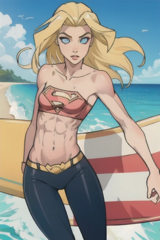 Supergirl,surfing, light blonde,very long wet hair,voluminous floaty parted in the middle bangs, slim face,blonde eyelashes,big blue eyes,big dilated black pupils,dark eyeliner,small nose,light pink thin lips, slim arms,firm breasts,petite,thin complexion,skinny,ripped eight-pack abs,slim waist,thigh gap,cameltoe,muscular legs,shinny skin, (best anatomy,detailed masterpiece,high contrast,beautiful face,score_9,score_8_up,score_7_up,ultra detailed,beautiful face,highres BREAK), red seamless g-string thong,blue strapless bikini top, beach near jungle background, 3 thin pale girls,(2 shorter blonde petite girls),