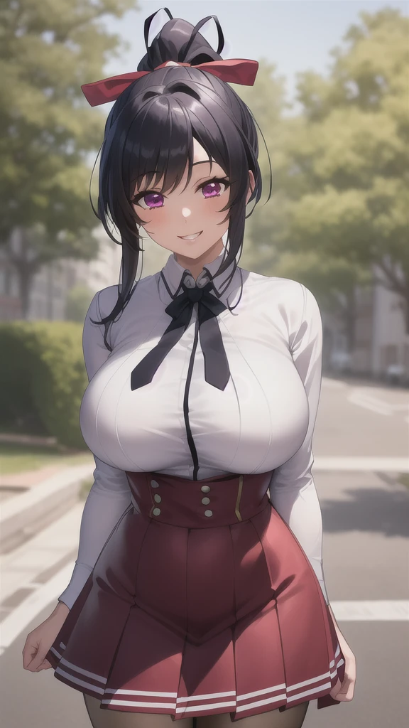 best quality, masterpiece, 1girl, (solo:1.1), raytracing, ultra detailed,detailed face, 8k wallpaper, wide hips, smile, HimejimaAkenoNDV, 1girl, black hair, large breasts, very long hair, purple eyes, red skirt, school uniform, shirt, corset, ponytail, hair ribbon, ribbon, outdoor, 