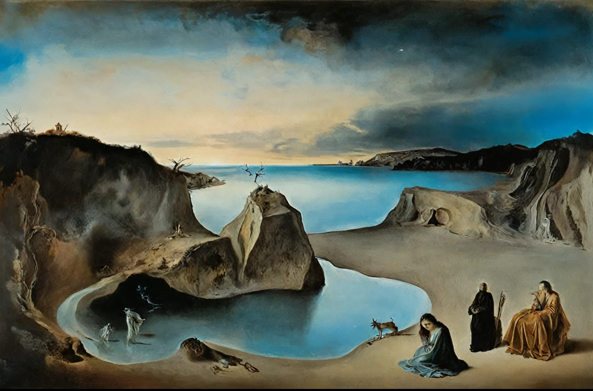 Flow of time by Salvador Dali,Magic,(style of Jean-Antoine Watteau):0.1.       The image is a digital artwork depicting a serene scene on a beach at sunset with three person s., with a small figure standing at the bottom. The image is a captivating depiction of an ancient civilization, set in a desert landscape under a cloudy blue sky.