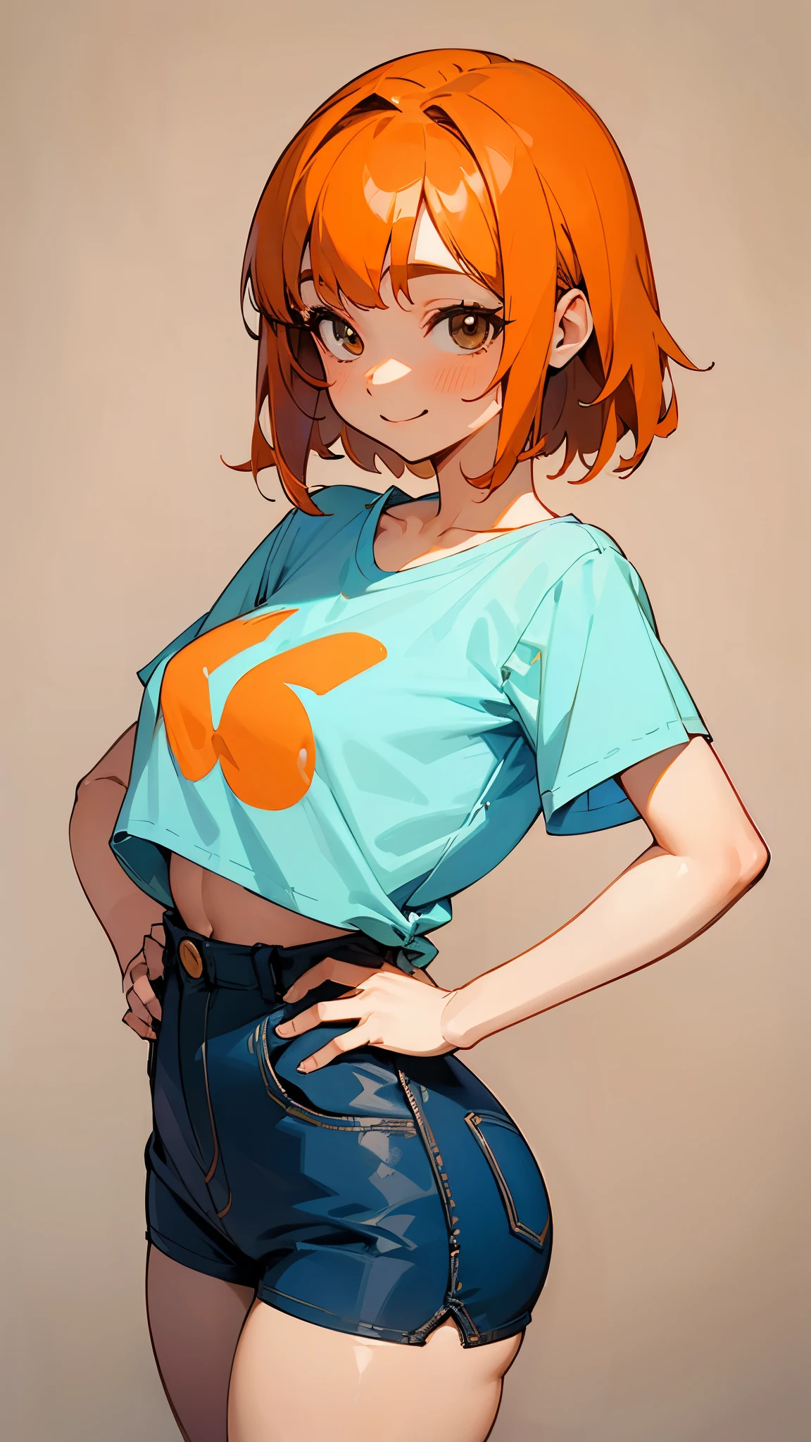 1 girl、Cowboy Shot、Simple T-shirt、light blue medium hair、Beautiful brown eyes、Orange Hair Clip、Flat Chest、smile、Please put your hands on your hips、Shorts, large breasts, chubby thighs, ass
