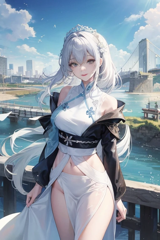 ((Kamisato Ayaka in Genshin Impact)),high angle,from above,(1girl),solo,(Kamisato Ayaka in Genshin Impact), cleavage,full costume,katana,kabuto,kimono,ribbon,((masterpiece, highest resolution,best quality)), (beautiful illustration),(semi long beautiful silver blue hair),(beautiful blue eyes),(lying in the sea),
windy,cinematic lighting, beach, sand, night sky, waves, coconut tree,