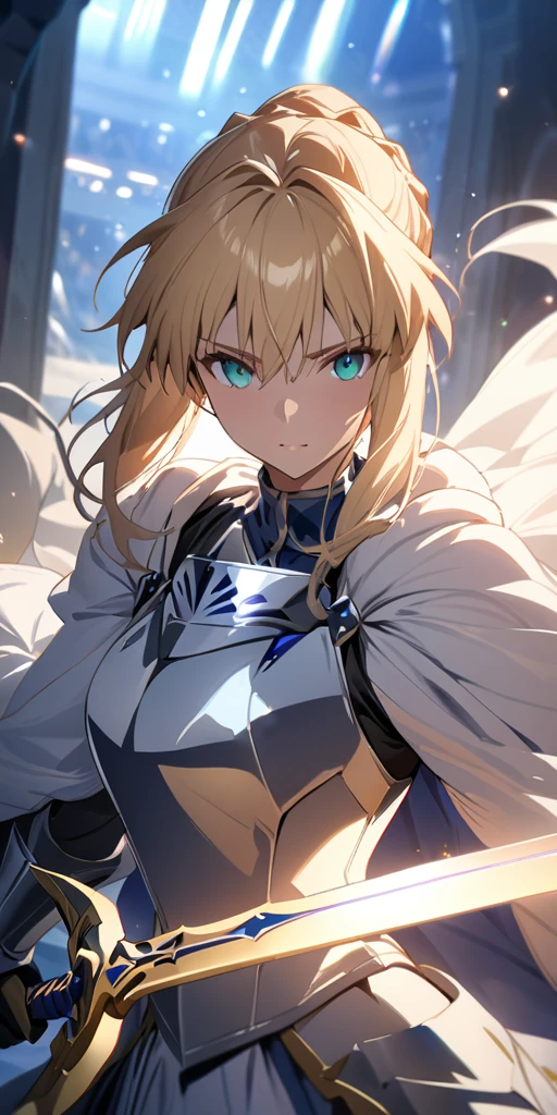 (masterpiece:1.2), (highest quality:1.2), Perfect Eyes, Perfect Face, Perfect lighting,1girl，to know, holding sword artoria pendragon \(fate\), fate \(series\) perspective beautiful, aesthetic, detailed, beautiful color amazing quality, best quality, high quality,Arena