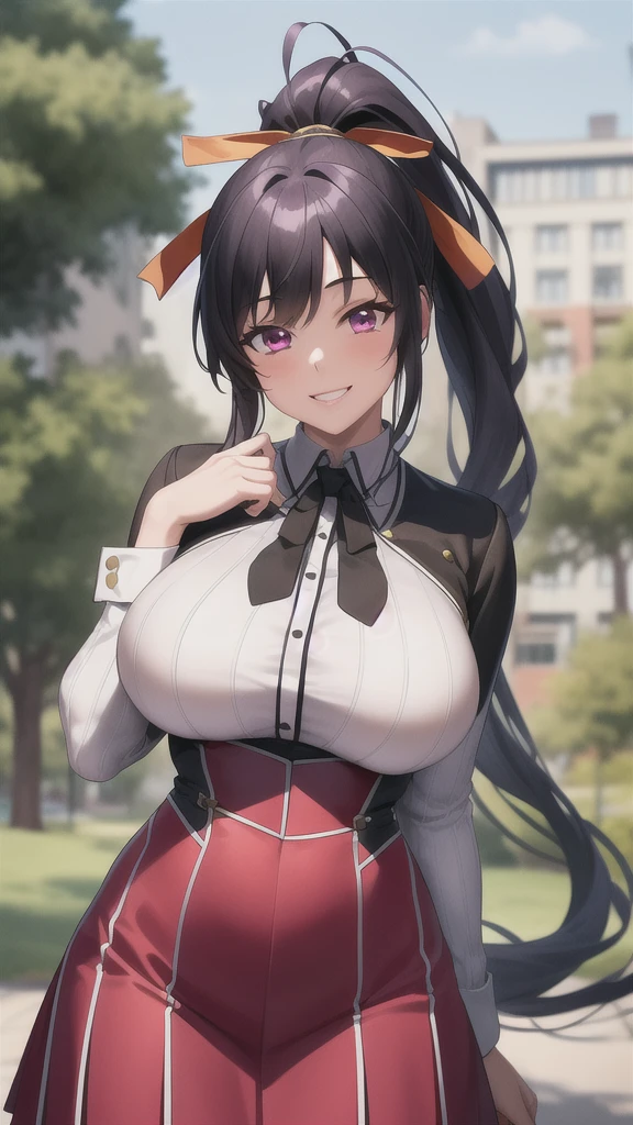 best quality, masterpiece, 1girl, (solo:1.1), raytracing, ultra detailed,detailed face, 8k wallpaper, wide hips, smile, HimejimaAkenoNDV, 1girl, black hair, large breasts, very long hair, purple eyes, red skirt, school uniform, shirt, corset, ponytail, hair ribbon, ribbon, outdoor, 