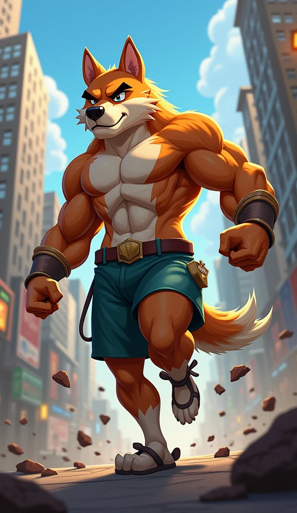 (fullbody), (outline), Solo, male, anthro, Dogday, Orange fur, (black mouth:1.2), black sclera, white eyes, smile, (Gold fur, necklace with sun-shaped pendant, naked, excessive fluff:1.3), (floppy ears), brown ears, (huge muscles:1.1), front view, park, shorts, running, 4 toes, photo background, BREAK, by crimsonrabbit, (by theawesomefoxguy:0.3), <lora:Dogday_Lora_Model:1>