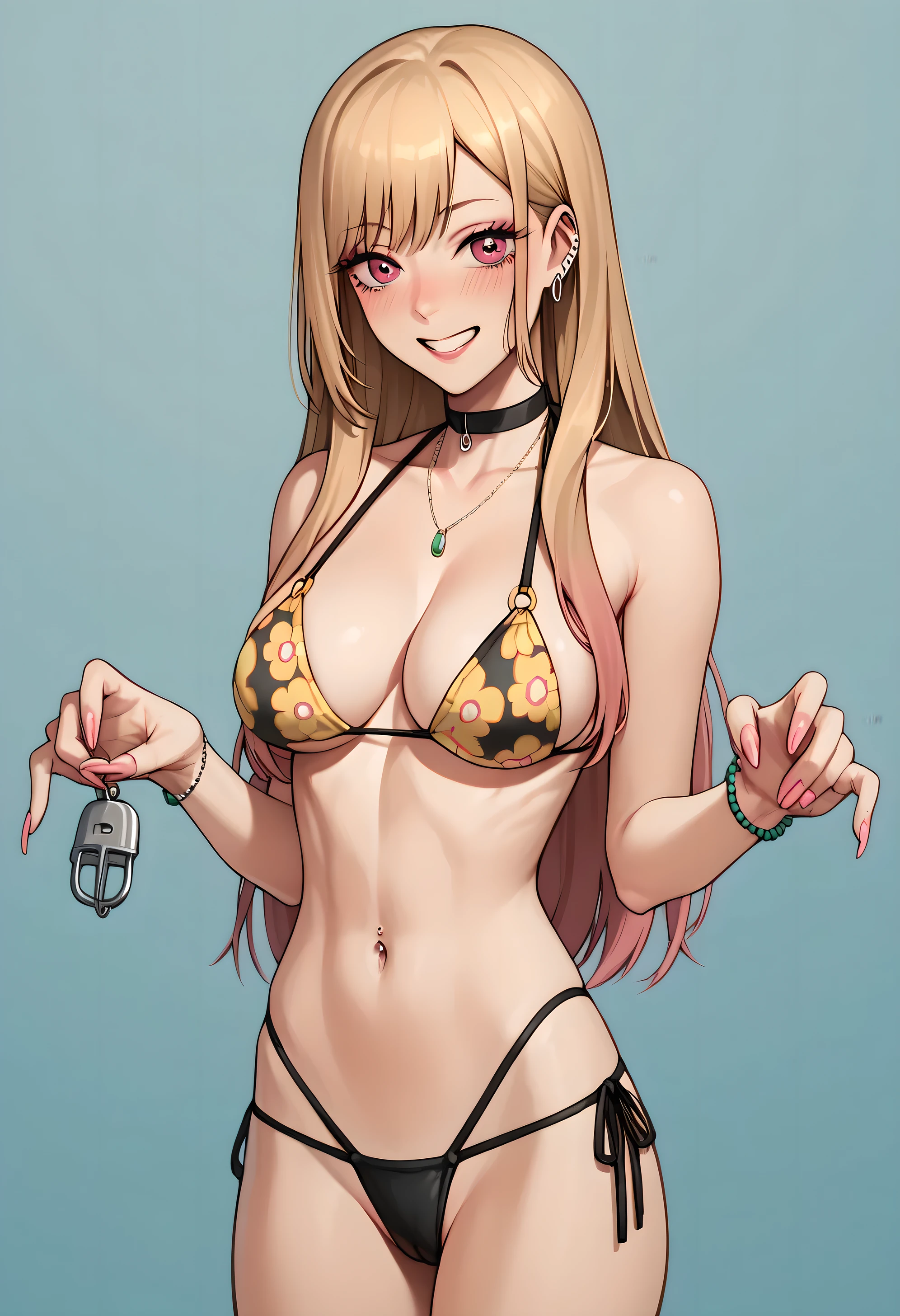 marin kitagawa, bikini, holding a chastity cage in his hand
