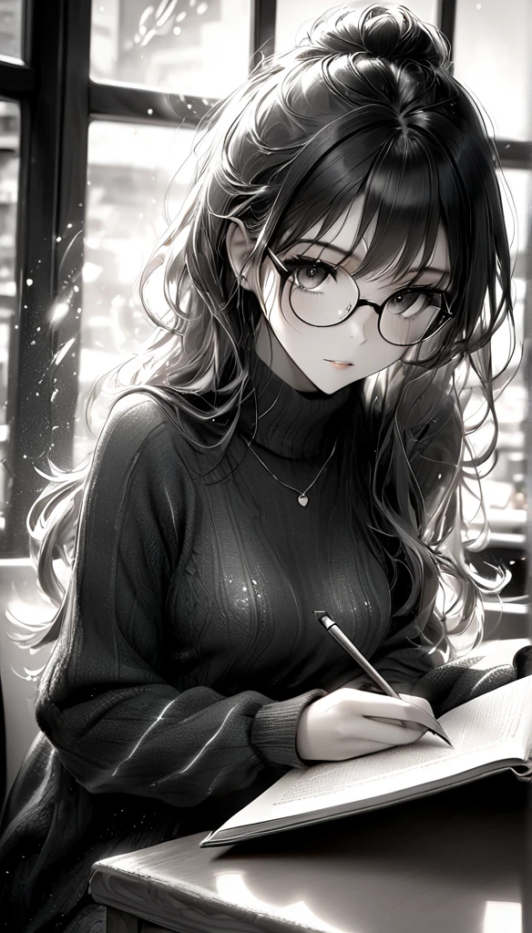 monochrome, pencil drawing, intelligent beautiful woman, glasses, sitting at a window seat in a cafe and reading a book, cappuccino on the table, striking eyes, glossy silky messy half-up hair, amorous and lewd expression, wearing loose knit dress, perfect proportions, light effects, glitter effects, delicate and dynamic textures, contrasts of light and shadow, 2.5D, artistic photography, hyper realistic, graphic CG digital art, ultra detailed, absolutely resolution, best quality