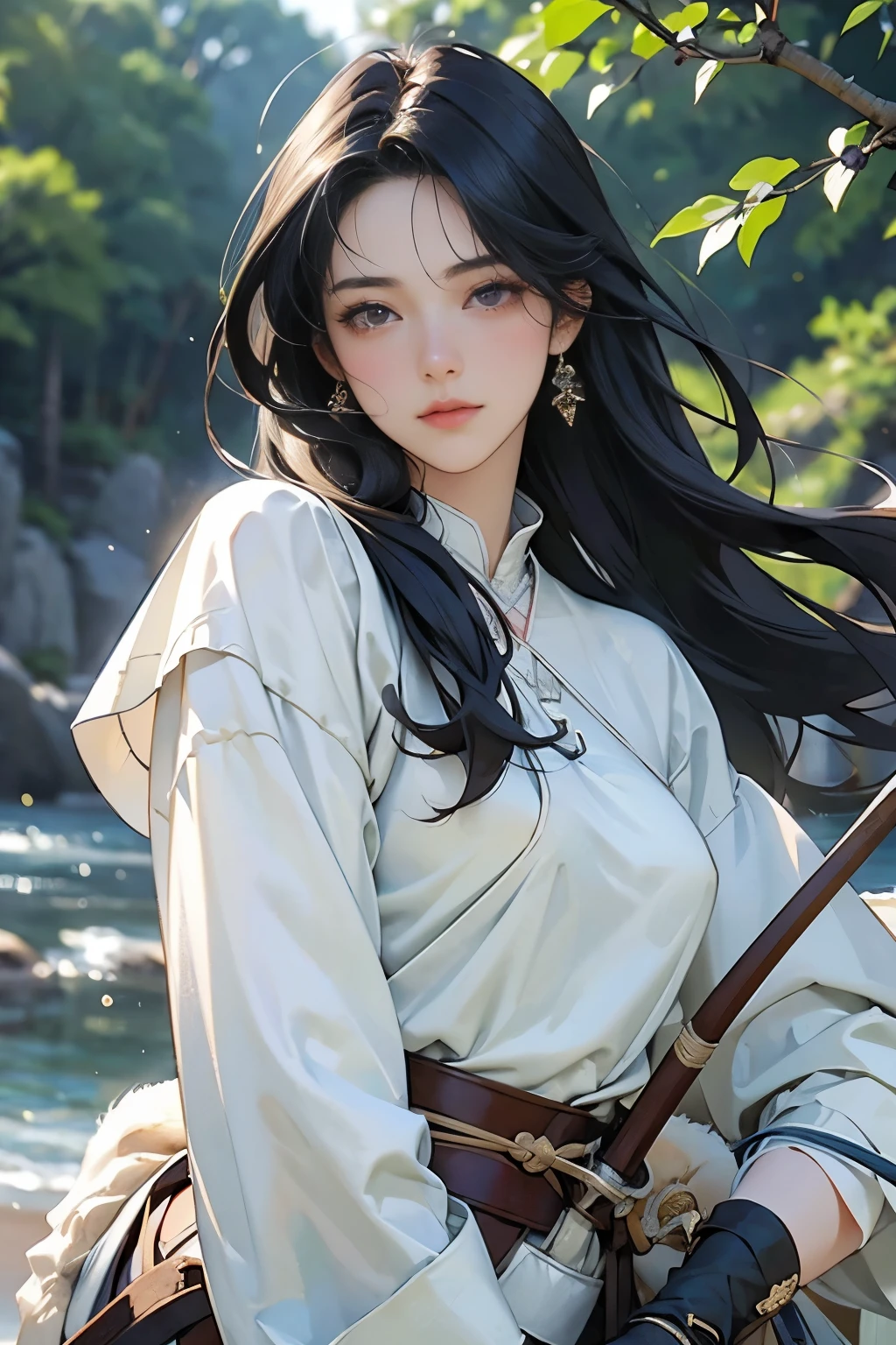 (Highest quality、High resolution、masterpiece)、(Anime Art 4k)、(Realistic)、Horseback archery、Portraiture、 (whole body)、(1 person)、20-year-old woman、Beautiful Face、 (Facial details)、Black Hair、 Beautiful Hair、Skin Texture、Slim figure、Cinema Lighting、Ray Tracing、Soft Light、Landscape painted on a foggy morning、Outdoor、Nice views、Seaside、(Sargent-style watercolor)、(Edmund Leighton Style)、(long hair), (small breasts)
