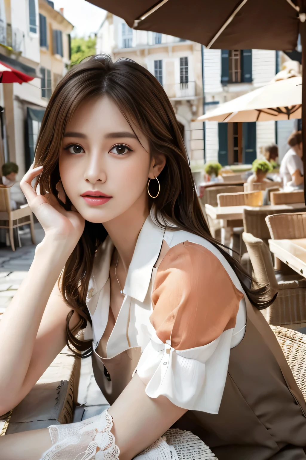 masterpiece, Highest quality, Realistic, Very detailed, Finer details, High resolution, 8k wallpaper, One beautiful woman,Wear a nice blouse, On the terrace of a lovely cafe, at noon, Light brown messy hair, Perfect dynamic composition, Beautiful and beautiful eyes、Big earrings、Sleeveless shirt、Hair blowing in the wind、