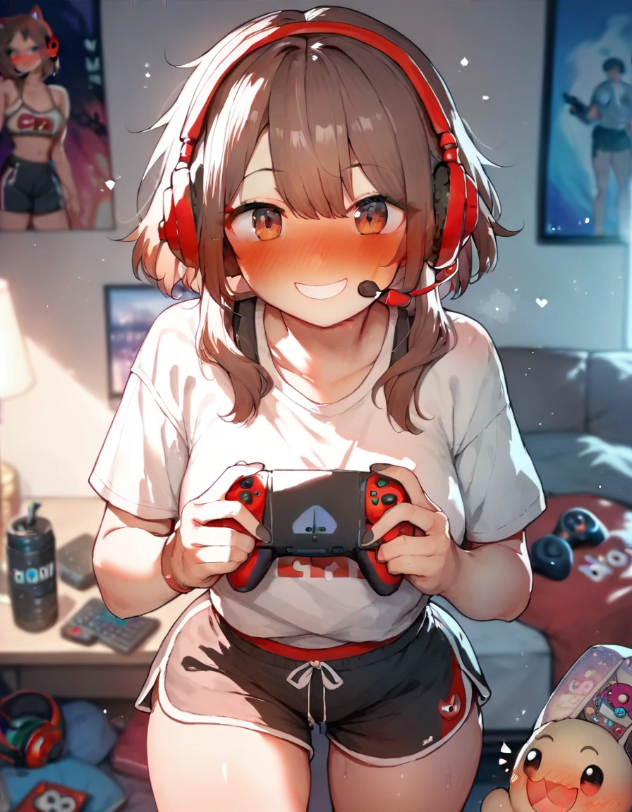hiquality, tmasterpiece (one girls) rose hair. white tshirt. puffing cheeks. Indignant Face. gaming headphone. Joystick in hand. Beige shorts. Dark screen TV. In the background of the room.