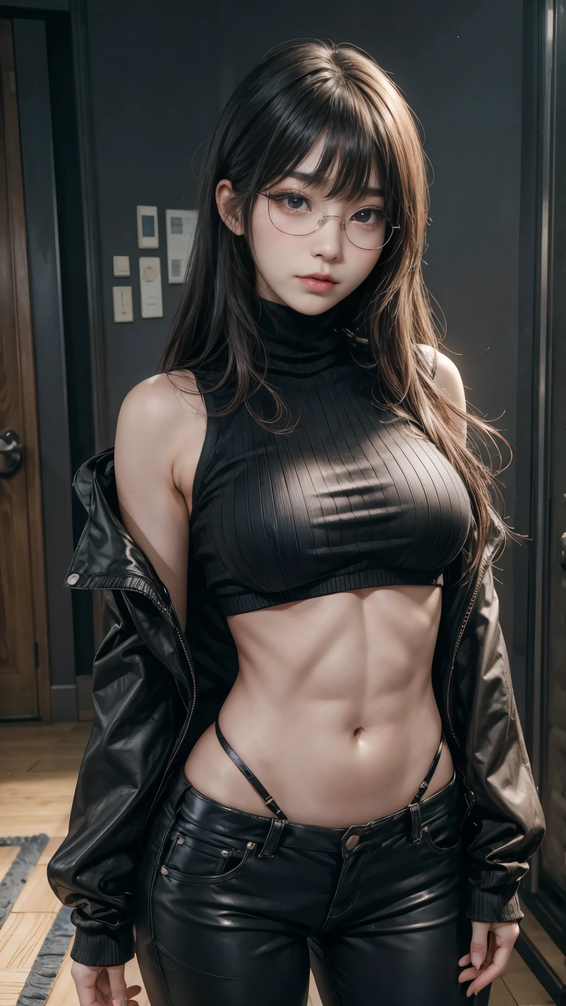 (masterpiece:1.2), 8k,(ultra-realsitic:1.37), Thai porn actress, curvy body, (sexy pose with one slightly lifted arm showing armpit:1.5), face lights, Detailed face, (wear eyeglasses:1.4), (wearing a shining black latex trench coat matching with a metal armored bikini:1.5),