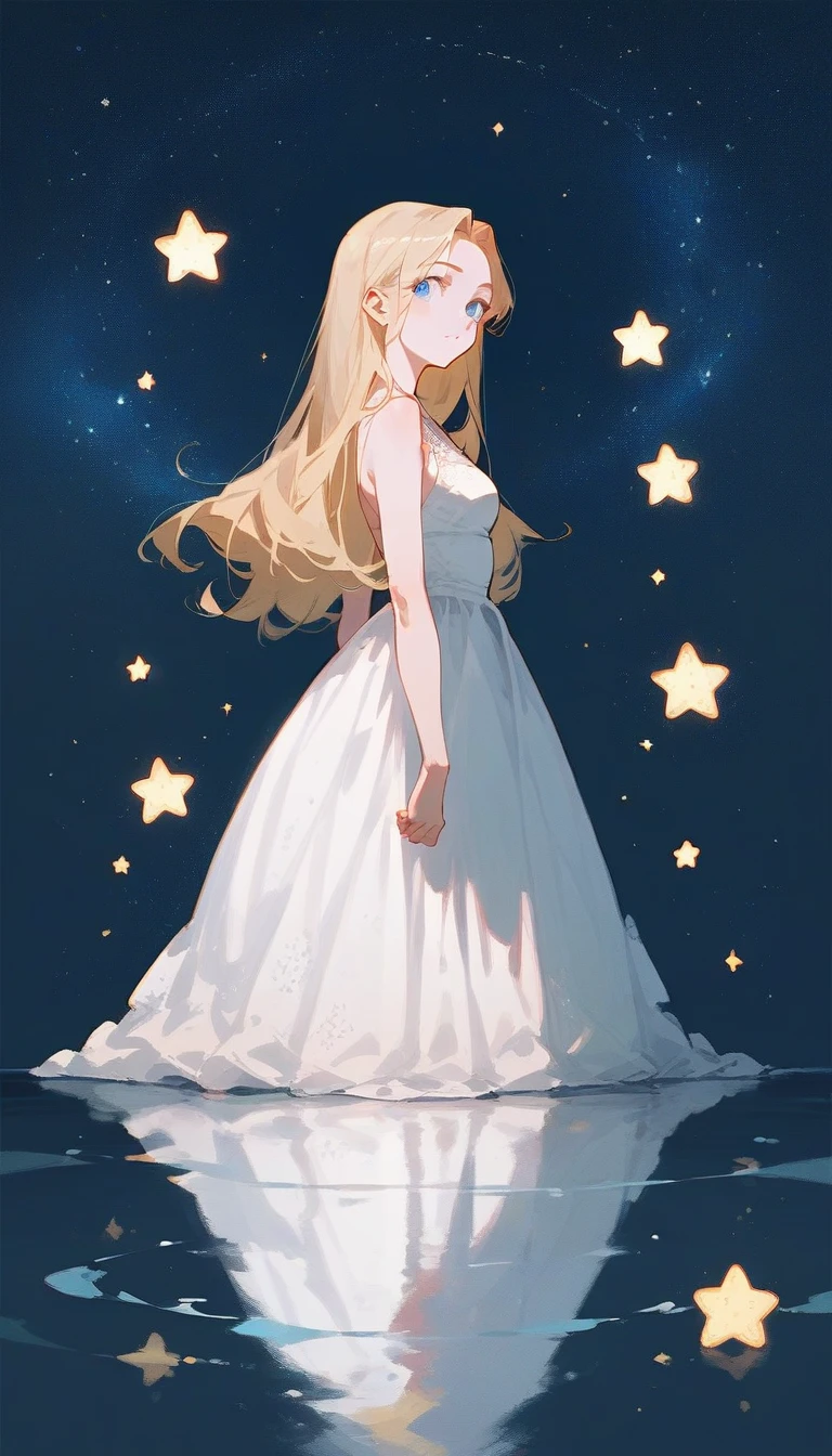 1 girl, solo, long blonde hair, blue eyes, white dress, fullbody, reflection, stars, portrait