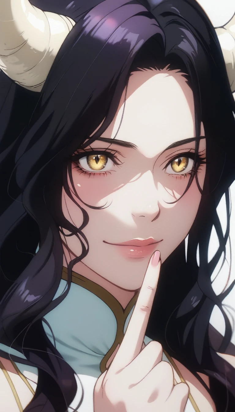 A demonic and seductive looking anime character, with black wings, long dark flowing hair, bright golden eyes, and curved horns like those of a ram. has pale skin, a mischievous smile and a playful and mysterious expression, holding a finger to his lips as if silencing someone. She wears a white dress with intricate detailing and gold accents, along with a blue gem on his chest. The scene is dramatically lit., with soft shadows that enhance her sharp features, as the background fades into darkness, adding an enigmatic and magical touch. The style is a mix of anime fantasy with intricate details, Capturing an intense portrait, close and dynamic