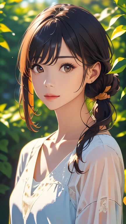 (hig彼st quality、8k、32K、masterpiece)、(Realistic)、(Realistic:1.2)、(High resolution)、Very detailed、Very beautiful face and eyes、1 girl、Round and small face、Narrow waist、Delicate body、(hig彼st quality、Attention to detail、Rich skin detail)、(hig彼st quality、8k、Oil paints:1.2)、Very detailed、(Realistic、Realistic:1.37)、Bright colors、Full Body Shot、Mid-chest、ponytail