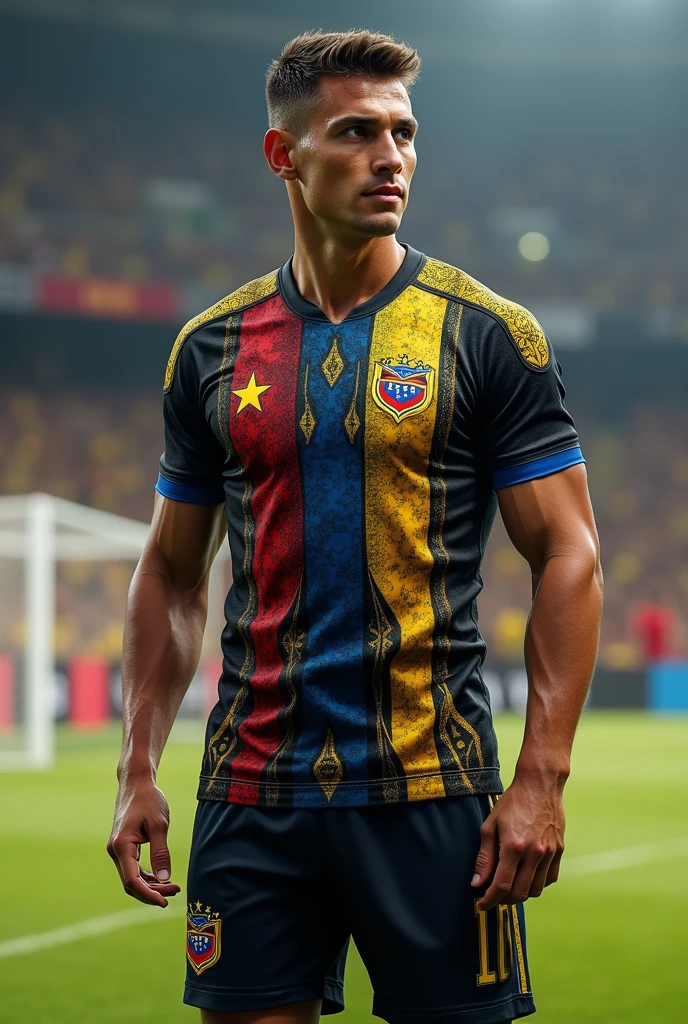 Create super hero boy of yerry mina Colombia player in the stadium and flag of Colombia shirt color yellow blue and red Colombia