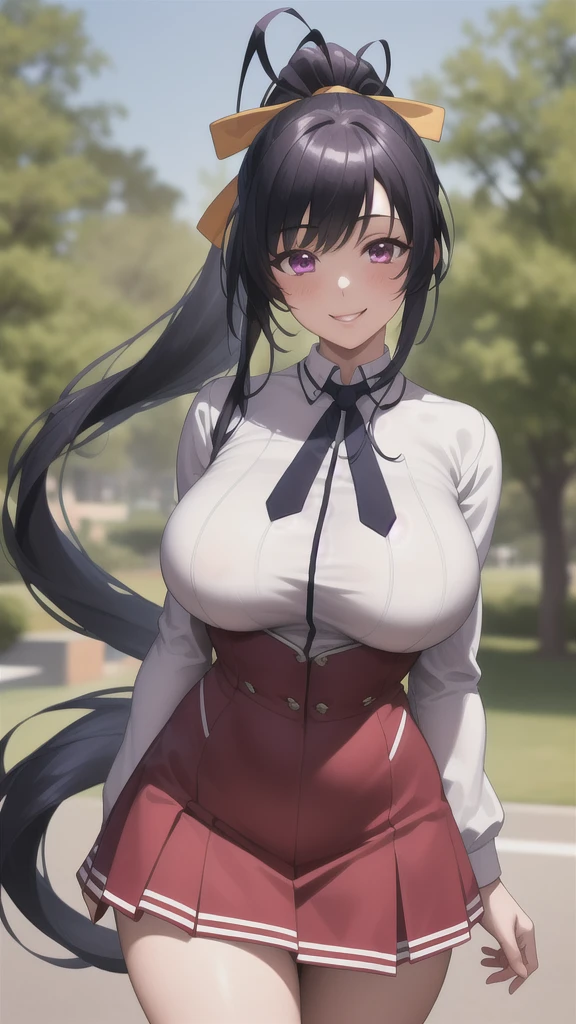 best quality, masterpiece, 1girl, (solo:1.1), raytracing, ultra detailed,detailed face, 8k wallpaper, wide hips, smile, HimejimaAkenoNDV, 1girl, black hair, large breasts, very long hair, purple eyes, red skirt, school uniform, shirt, corset, ponytail, hair ribbon, ribbon, outdoor, 