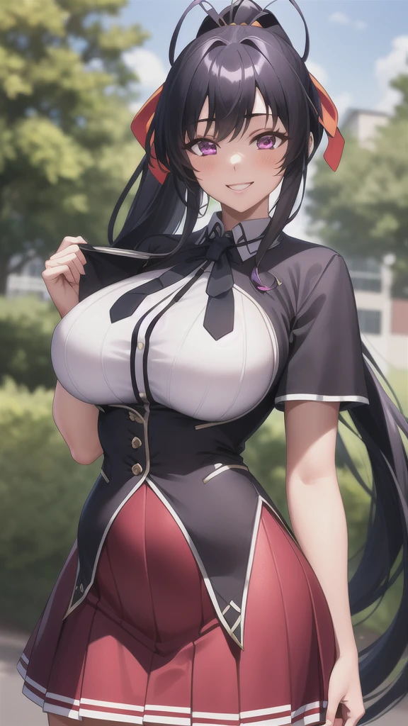 best quality, masterpiece, 1girl, (solo:1.1), raytracing, ultra detailed,detailed face, 8k wallpaper, wide hips, smile, HimejimaAkenoNDV, 1girl, black hair, large breasts, very long hair, purple eyes, red skirt, school uniform, shirt, corset, ponytail, hair ribbon, ribbon, outdoor, 