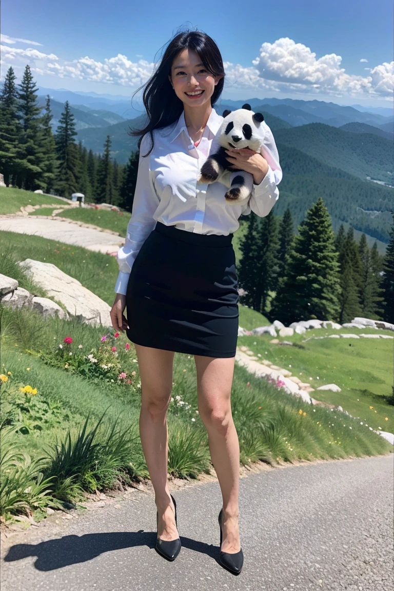 Best Quality, Realistic, High resolution, 8k　RAW Photos,Alone, One Girl, Age 30、Standing on top of a mountain、smile、Holding a panda in both hands、Business blouse、Business Skirt、High heels