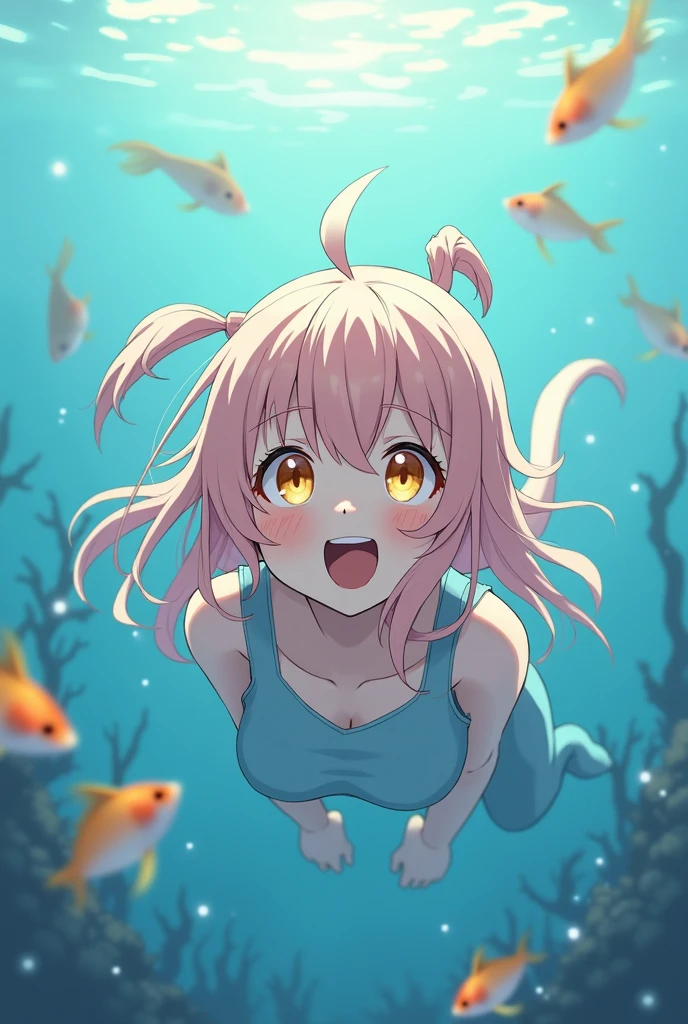 An anime girl adult with long, slightly pink hair, pastel yellow eyes, an enthusiastic expression, with antennae and an axolotl tail watching some fish underwater, her eyes shining with joy. 