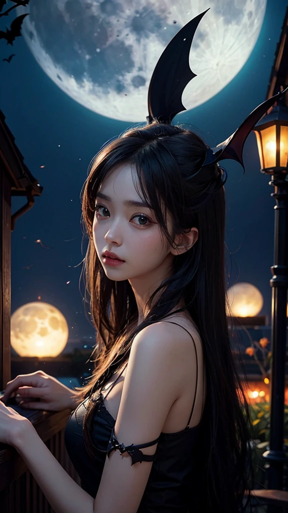 Satanic、despair、Devastation、natural disaster、middle ages、Red full moon、Woman looking up to the sky and shedding tears、Place your hand on your chest、Sad look、Light makeup、Fluffy camisole